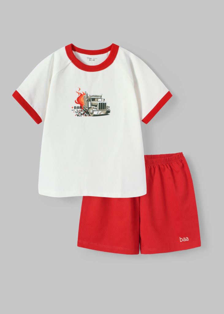 Đồ Bộ Ngắn Tay Bé Trai Trắng Xe Tải Phối Đỏ