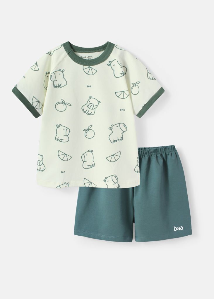 Đồ Bộ Ngắn Tay Bé Trai Kem Hoạ Tiết Capybara Phối Xanh