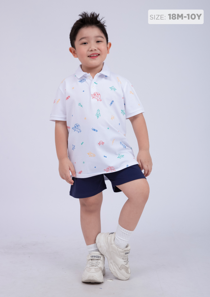 Áo Polo Ngắn Tay Bé Trai Trắng Hoạ Tiết Vũ Trụ