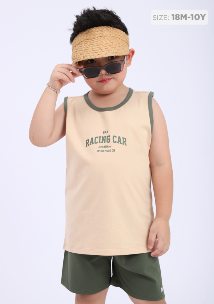 Đồ Bộ Ba Lỗ Bé Trai Nâu Nhạt Racing Car Phối Xanh Lá