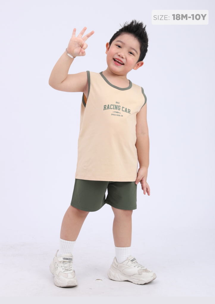 Đồ Bộ Ba Lỗ Bé Trai Nâu Nhạt Racing Car Phối Xanh Lá