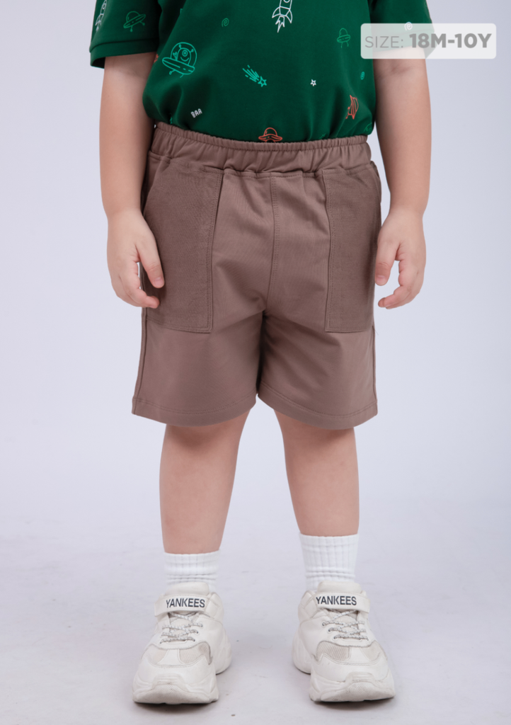 Quần Short Phối Túi Bé Trai Thun Da Cá Nâu