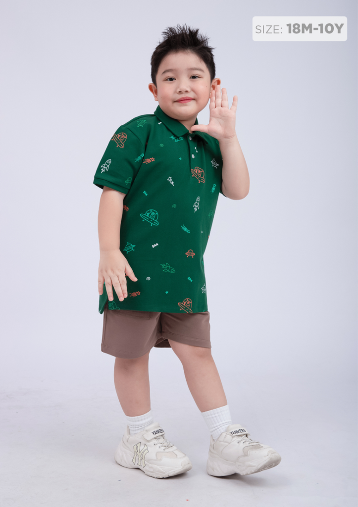 Áo Polo Ngắn Tay Bé Trai Xanh Lá Hoạ Tiết Vũ Trụ