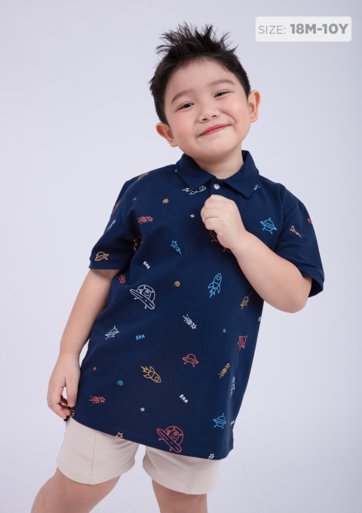 Áo Polo Ngắn Tay Bé Trai Navy Hoạ Tiết Vũ Trụ