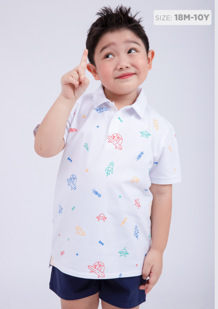 Áo Polo Ngắn Tay Bé Trai Trắng Hoạ Tiết Vũ Trụ