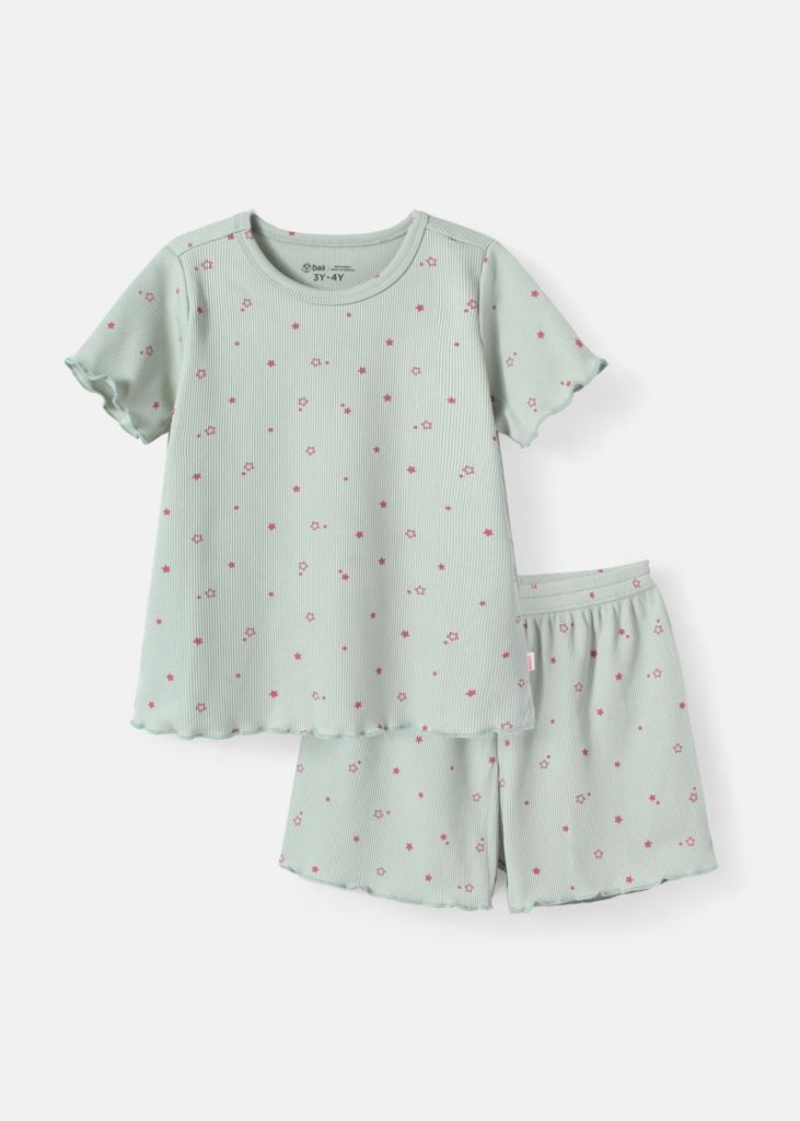 Đồ Bộ Ngắn Tay Bé Gái Thun Gân Xanh Nhạt Ngôi Sao