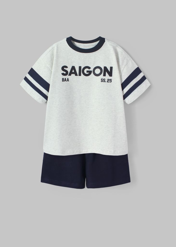 Set Thun Form Rộng Bé Trai Xám Phối Navy Saigon