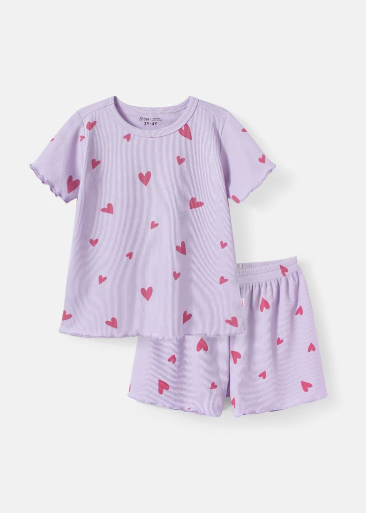 Đồ Bộ Ngắn Tay Bé Gái Thun Gân Tím Trái Tim