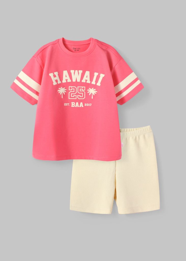 Set Áo Form Rộng & Quần Biker Bé Gái Hồng Hawaii Phối Kem