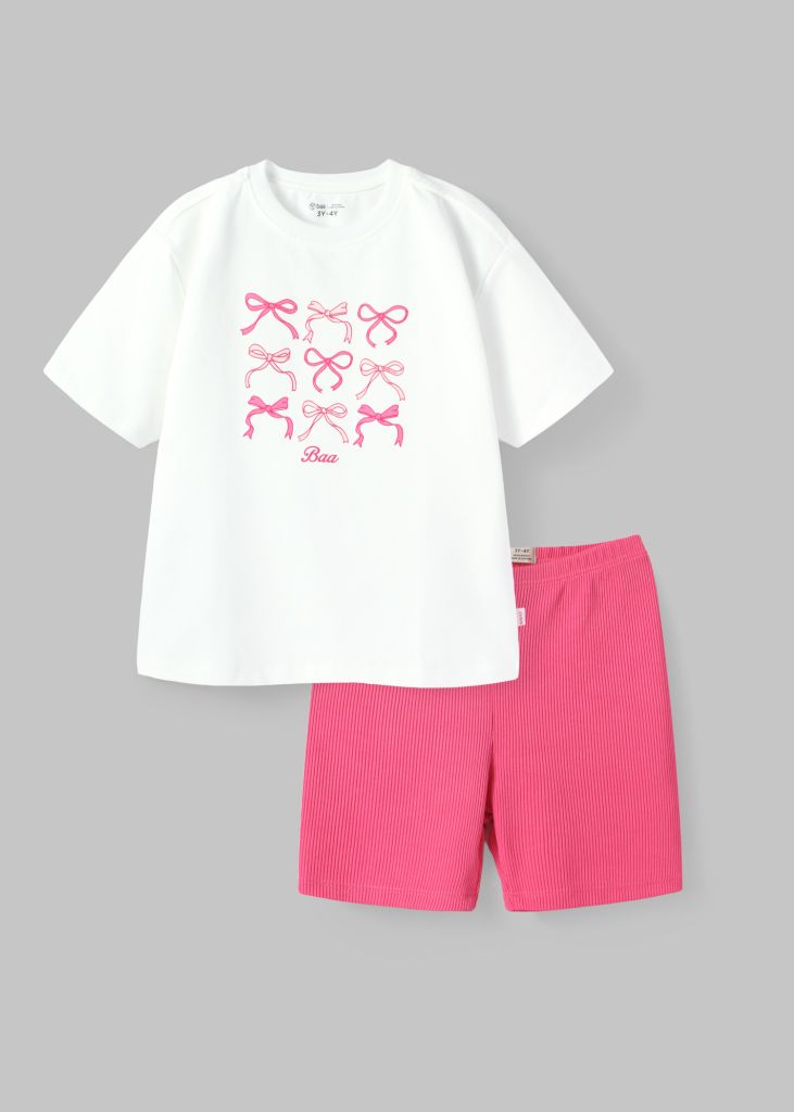 Set Áo Form Rộng & Quần Biker Bé Gái Trắng Nơ Phối Hồng