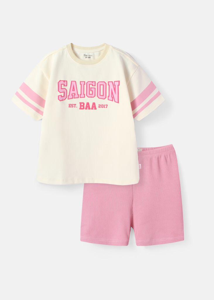 Set Áo Form Rộng & Quần Biker Bé Gái Kem Saigon Phối Hồng