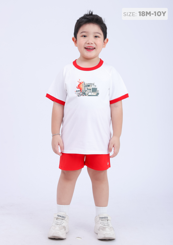 Đồ Bộ Ngắn Tay Bé Trai Trắng Xe Tải Phối Đỏ