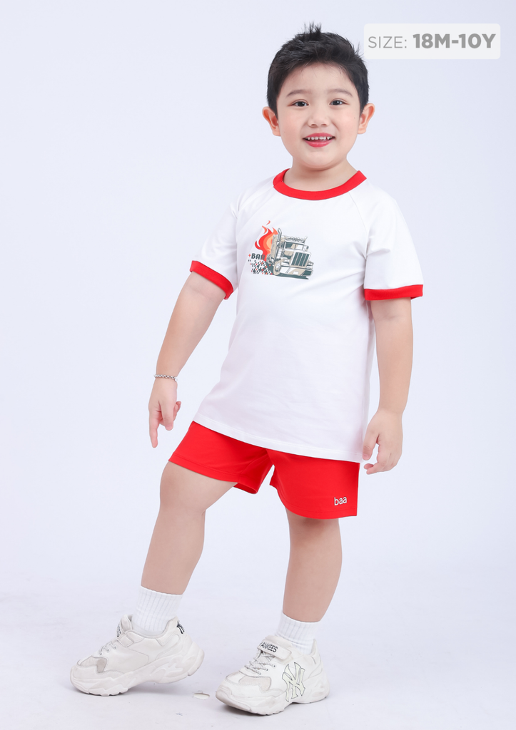 Đồ Bộ Ngắn Tay Bé Trai Trắng Xe Tải Phối Đỏ