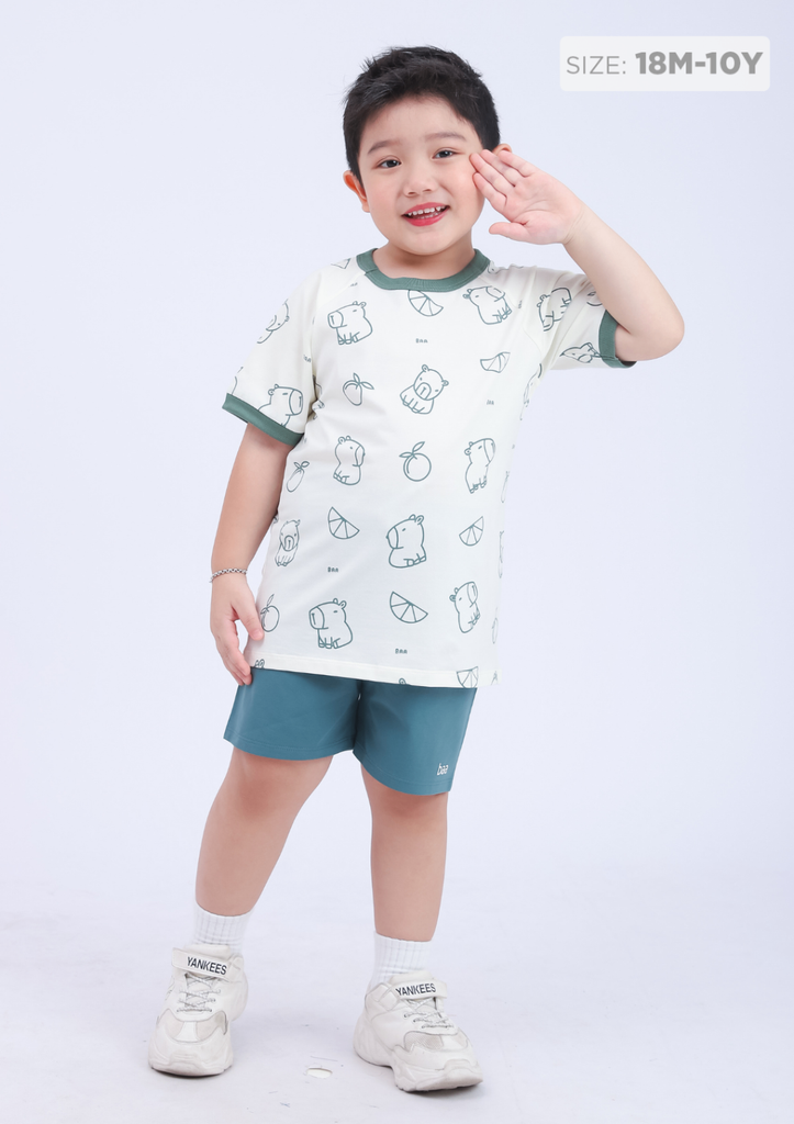 Đồ Bộ Ngắn Tay Bé Trai Kem Hoạ Tiết Capybara Phối Xanh