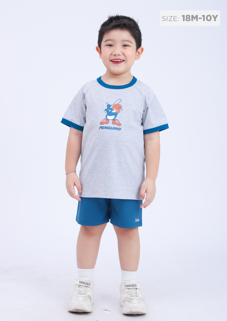 Đồ Bộ Ngắn Tay Bé Trai Xám Penguins Phối Xanh