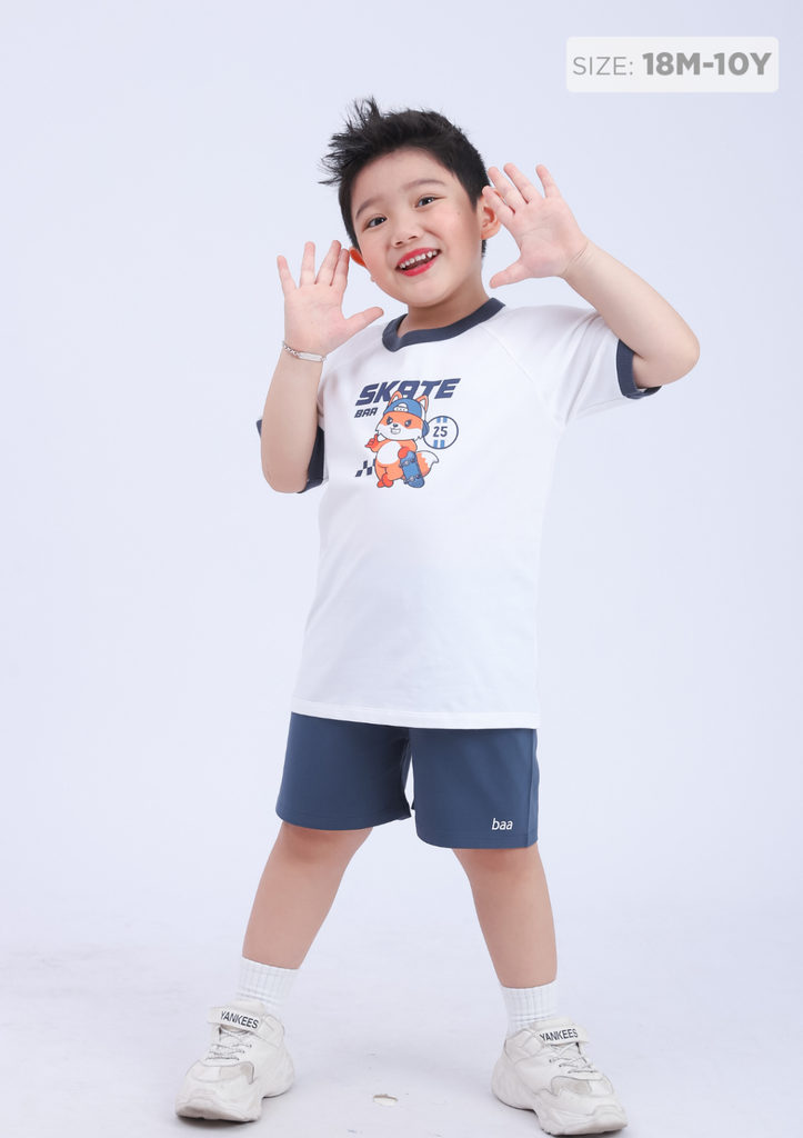 Đồ Bộ Ngắn Tay Bé Trai Trắng Skateboard Phối Xám Đậm