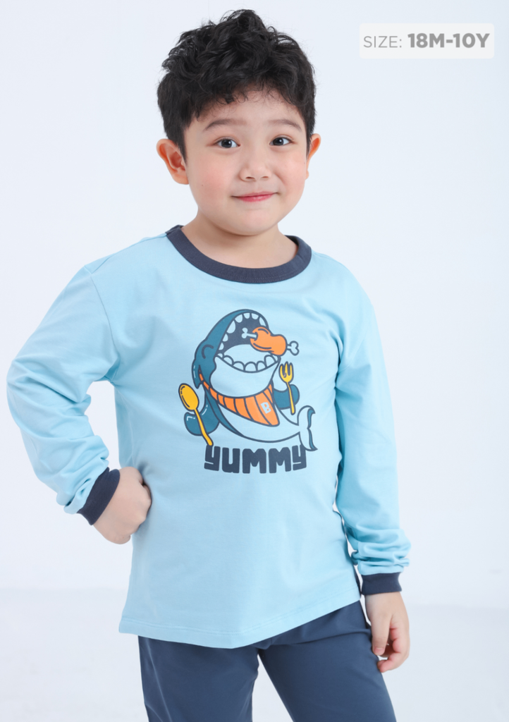 Đồ Bộ Dài Bé Trai Xanh Cá Mập Phối Xám Đậm