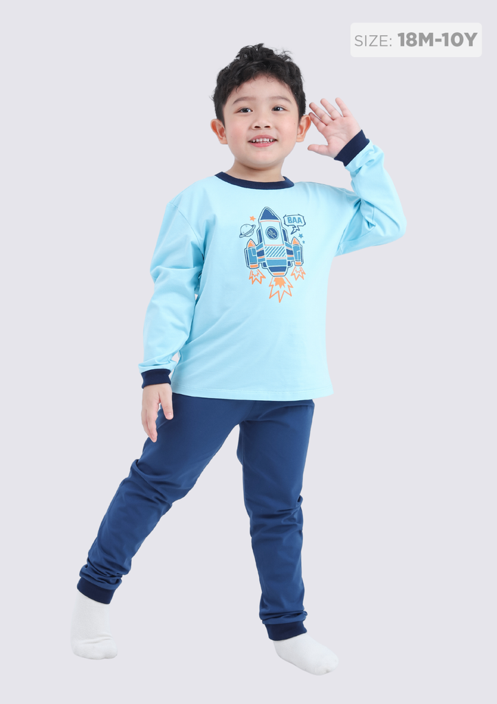 Đồ Bộ Dài Bé Trai Xanh Tàu Vũ Trụ Phối Navy