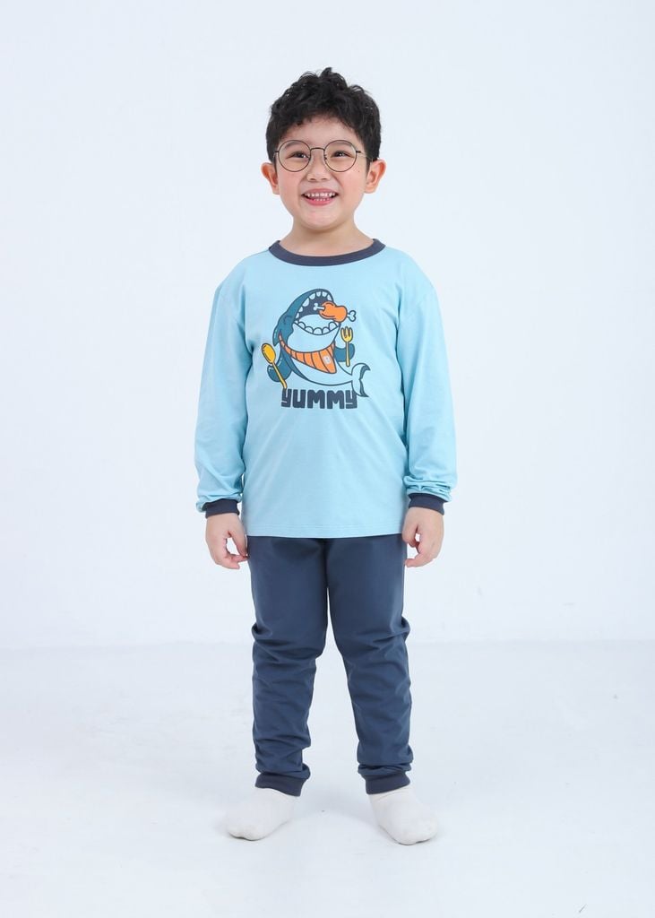 Đồ Bộ Dài Bé Trai Xanh Cá Mập Phối Xám Đậm