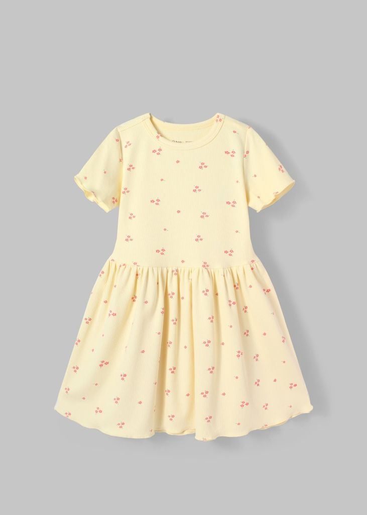 Đầm Thun Kiểu Bé Gái Kem Gân Hoạ Tiết Hoa