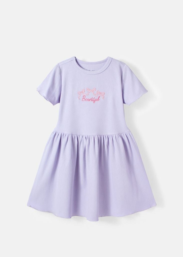 Đầm Thun Kiểu Bé Gái Tím Gân Thêu Nơ