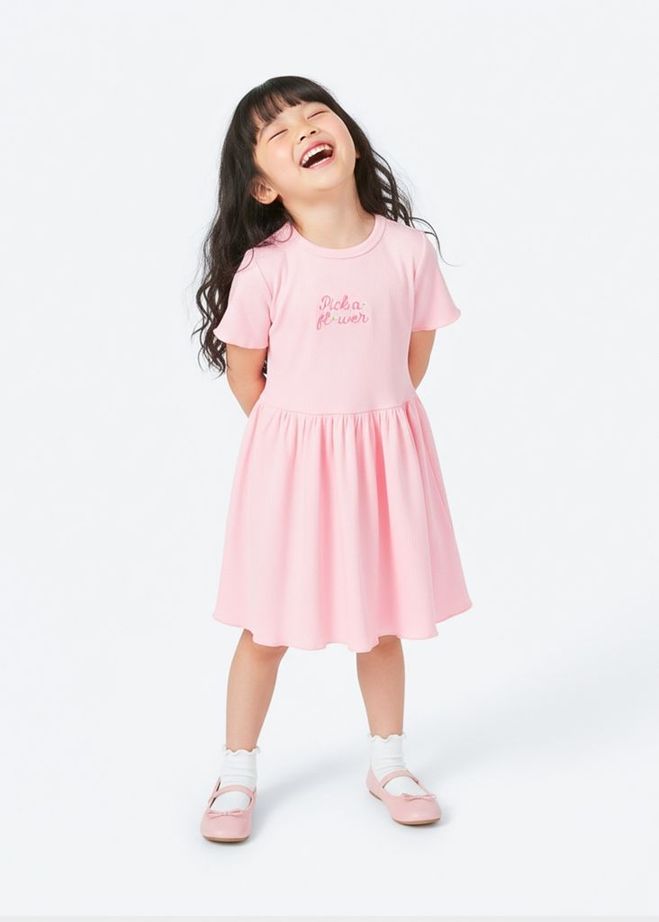 Đầm Thun Kiểu Bé Gái Hồng Gân Thêu Hoa