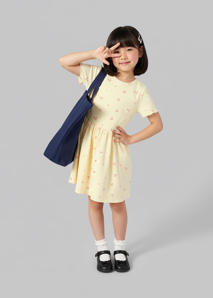 Đầm Thun Kiểu Bé Gái Kem Gân Hoạ Tiết Hoa