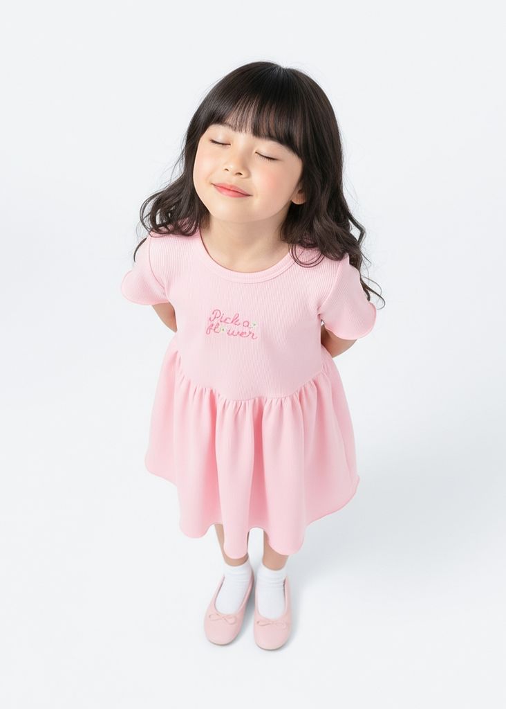 Đầm Thun Kiểu Bé Gái Hồng Gân Thêu Hoa