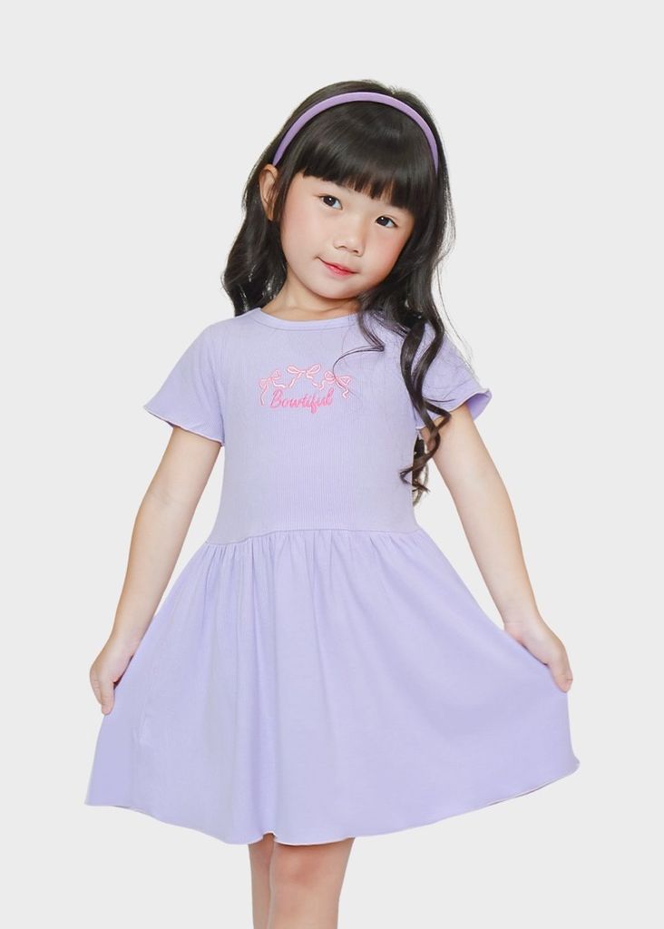 Đầm Thun Kiểu Bé Gái Tím Gân Thêu Nơ