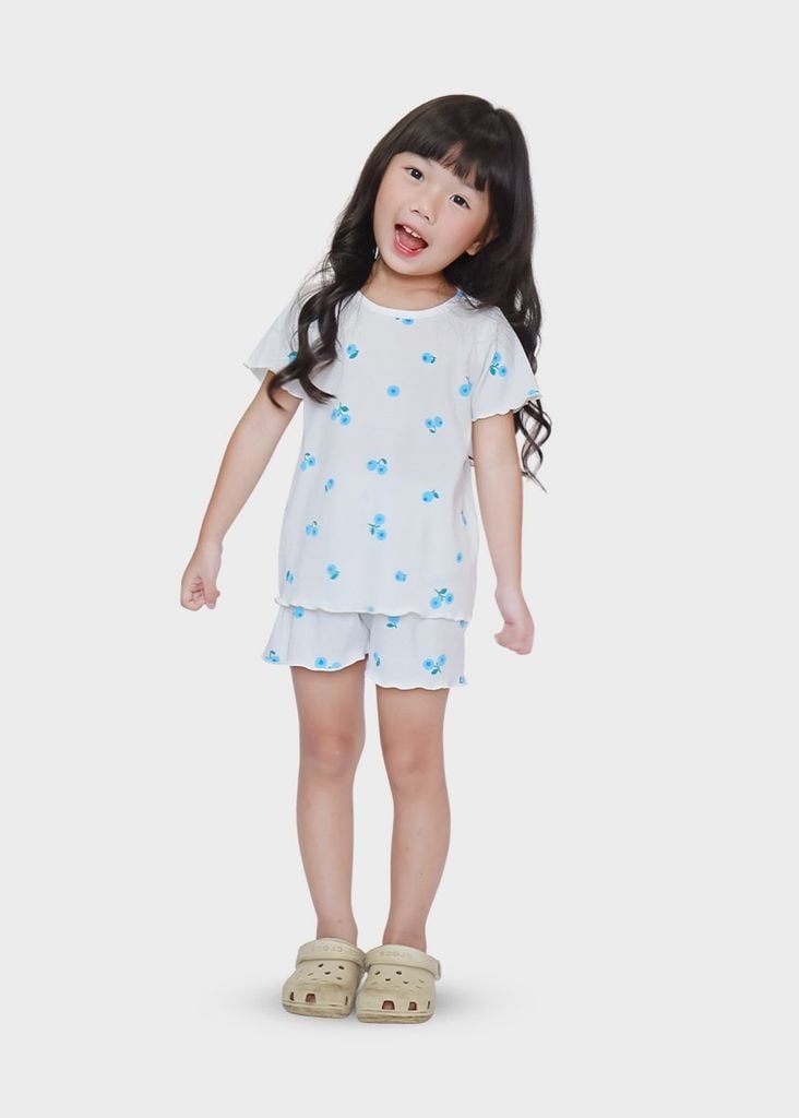 Đồ Bộ Ngắn Tay Bé Gái Thun Gân Trắng Blueberry