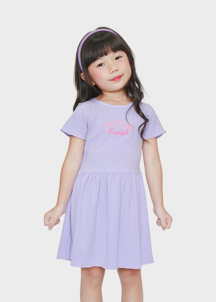 Đầm Thun Kiểu Bé Gái Tím Gân Thêu Nơ