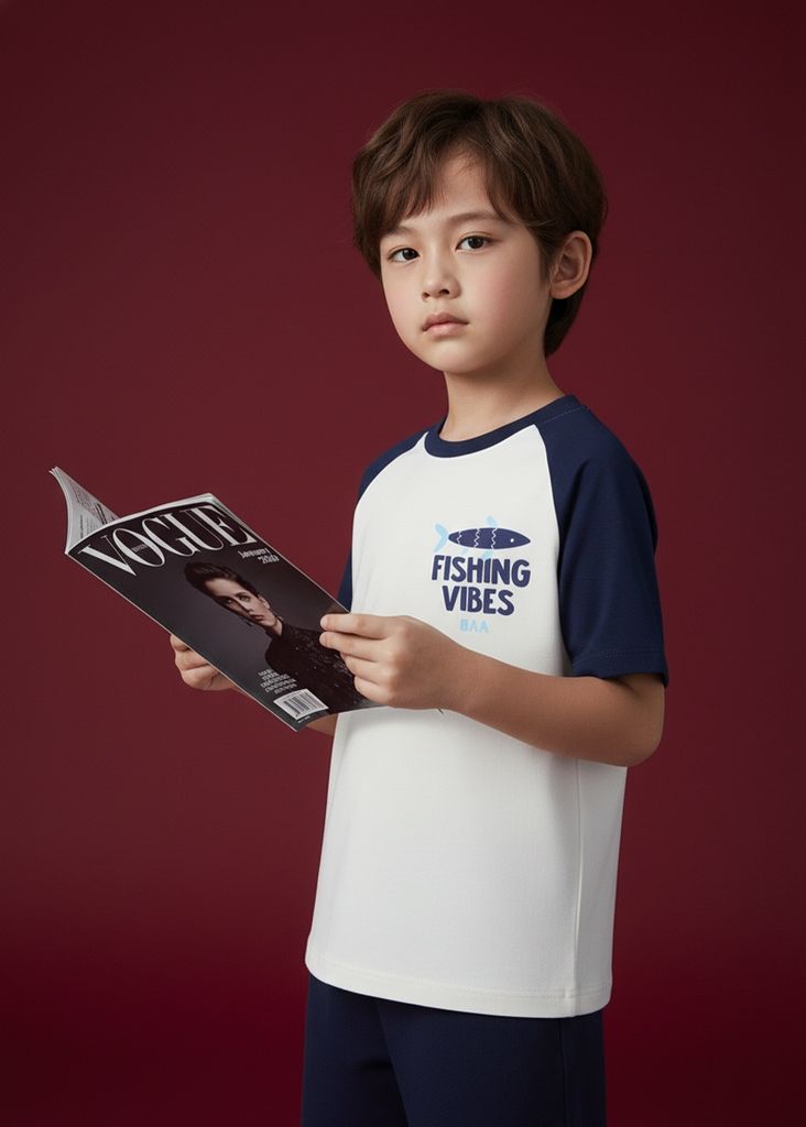 Áo Thun Raglan Form Rộng Bé Trai Trắng Phối Navy Fishing Vibes