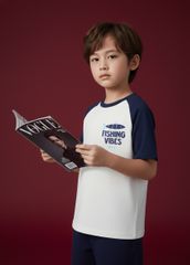 Áo Thun Raglan Form Rộng Bé Trai Trắng Phối Navy Fishing Vibes