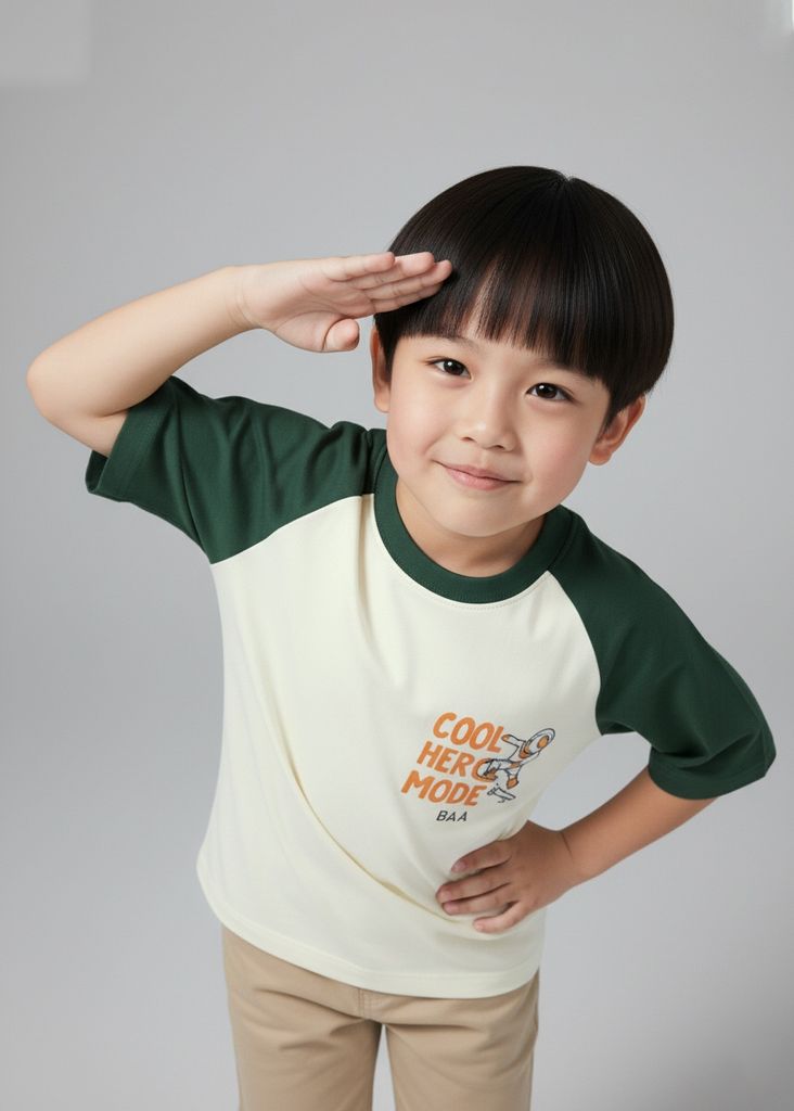 Áo Thun Raglan Form Rộng Bé Trai Kem Phối Xanh Cool Hero Mode