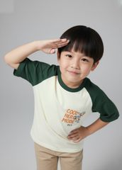 Áo Thun Raglan Form Rộng Bé Trai Kem Phối Xanh Cool Hero Mode