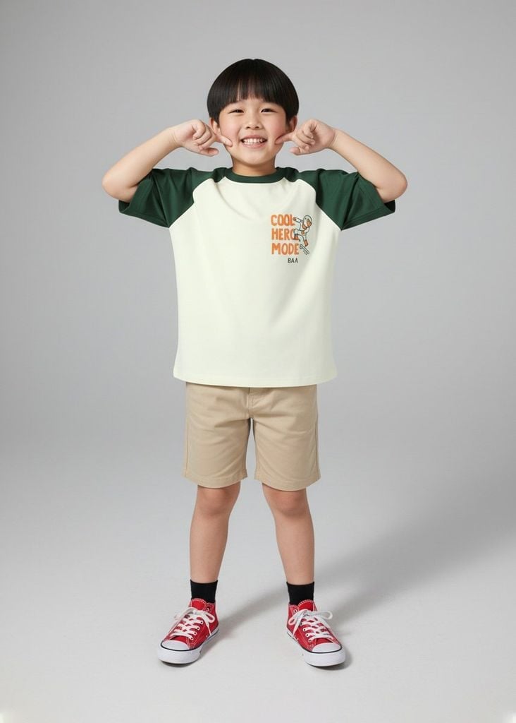 Áo Thun Raglan Form Rộng Bé Trai Kem Phối Xanh Cool Hero Mode