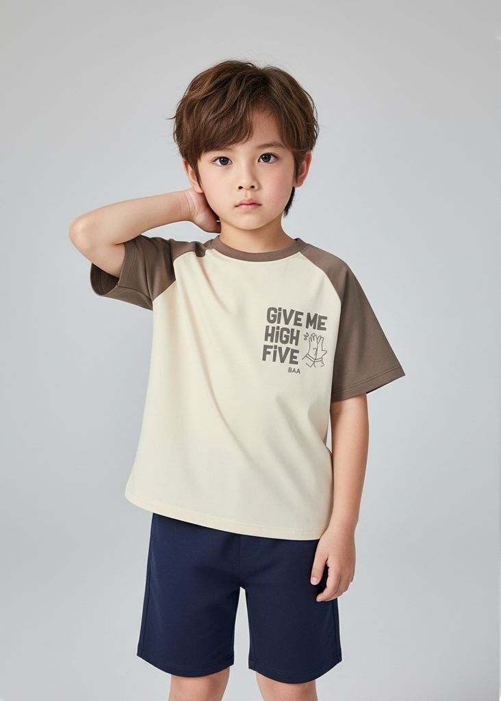 Áo Thun Raglan Form Rộng Bé Trai Be Phối Nâu Give Me High Five