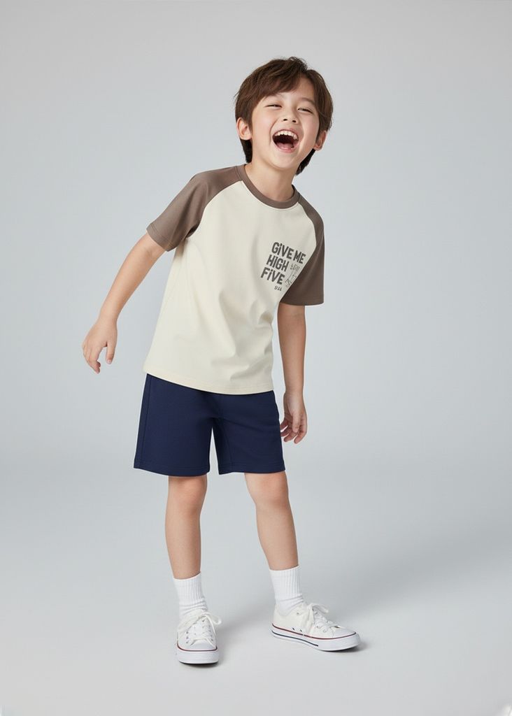 Áo Thun Raglan Form Rộng Bé Trai Be Phối Nâu Give Me High Five