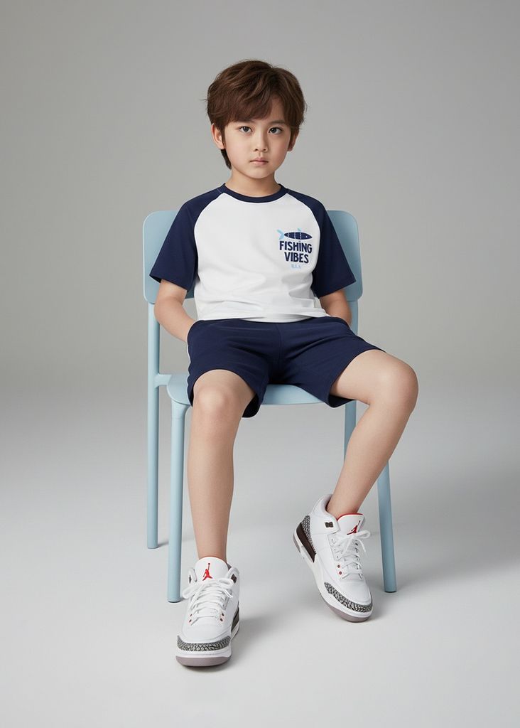 Áo Thun Raglan Form Rộng Bé Trai Trắng Phối Navy Fishing Vibes