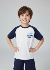 Áo Thun Raglan Form Rộng Bé Trai Trắng Phối Navy Fishing Vibes