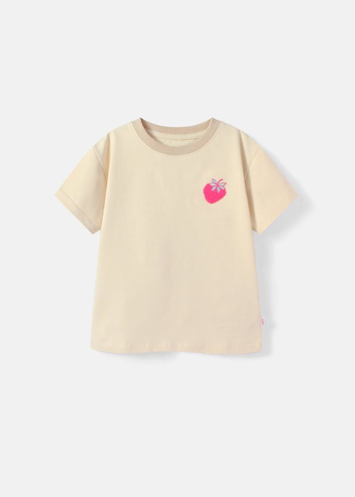 Áo Thun Ngắn Tay Bé Gái Kem Thêu Quả Dâu