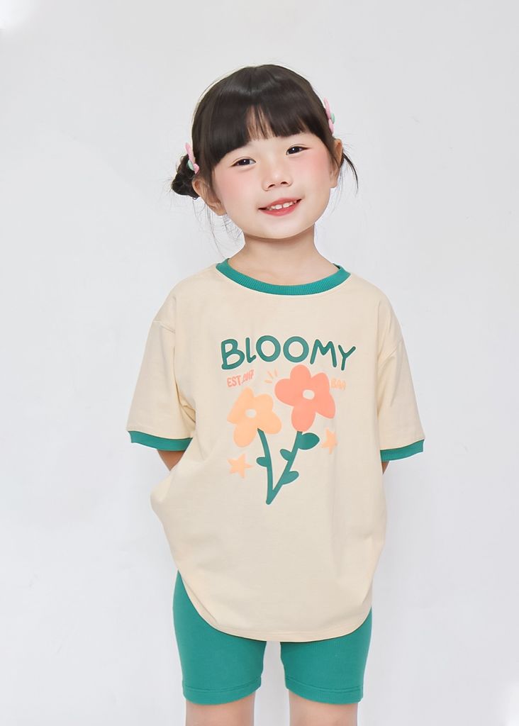 Set Thun Form Rộng Phối Quần Biker Bé Gái Be Hoa Xinh