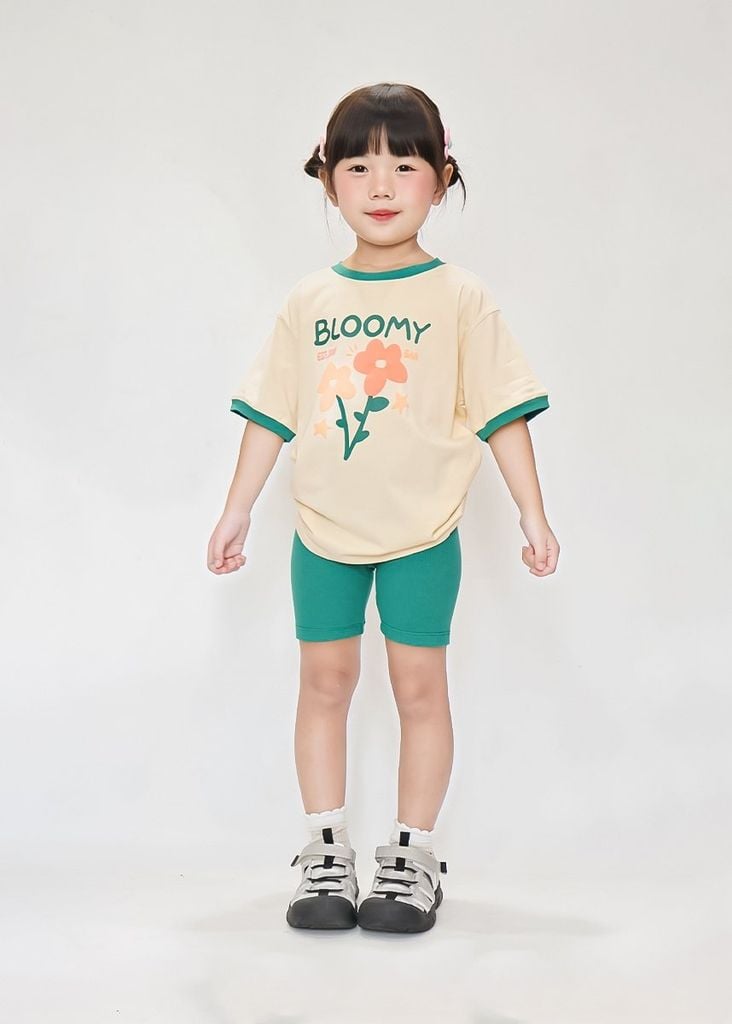 Set Thun Form Rộng Phối Quần Biker Bé Gái Be Hoa Xinh