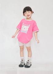 Set Thun Form Rộng Phối Quần Biker Bé Gái Hồng Mèo Xinh