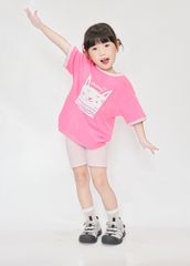 Set Thun Form Rộng Phối Quần Biker Bé Gái Hồng Mèo Xinh