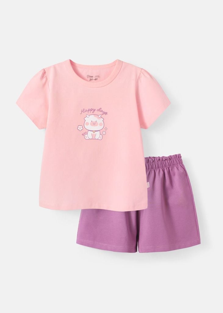 Bộ Thun Ngắn Tay Bé Gái Hồng Happy Days Phối Tím