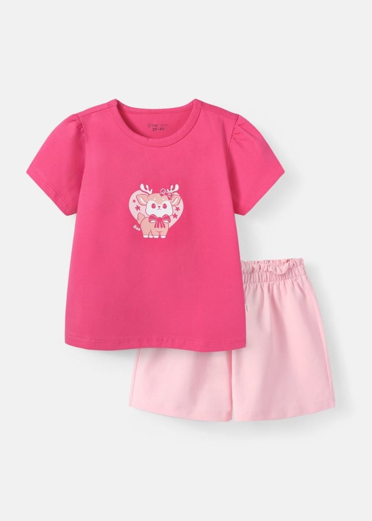 Bộ Thun Ngắn Tay Bé Gái Hồng Tuần Lộc Phối