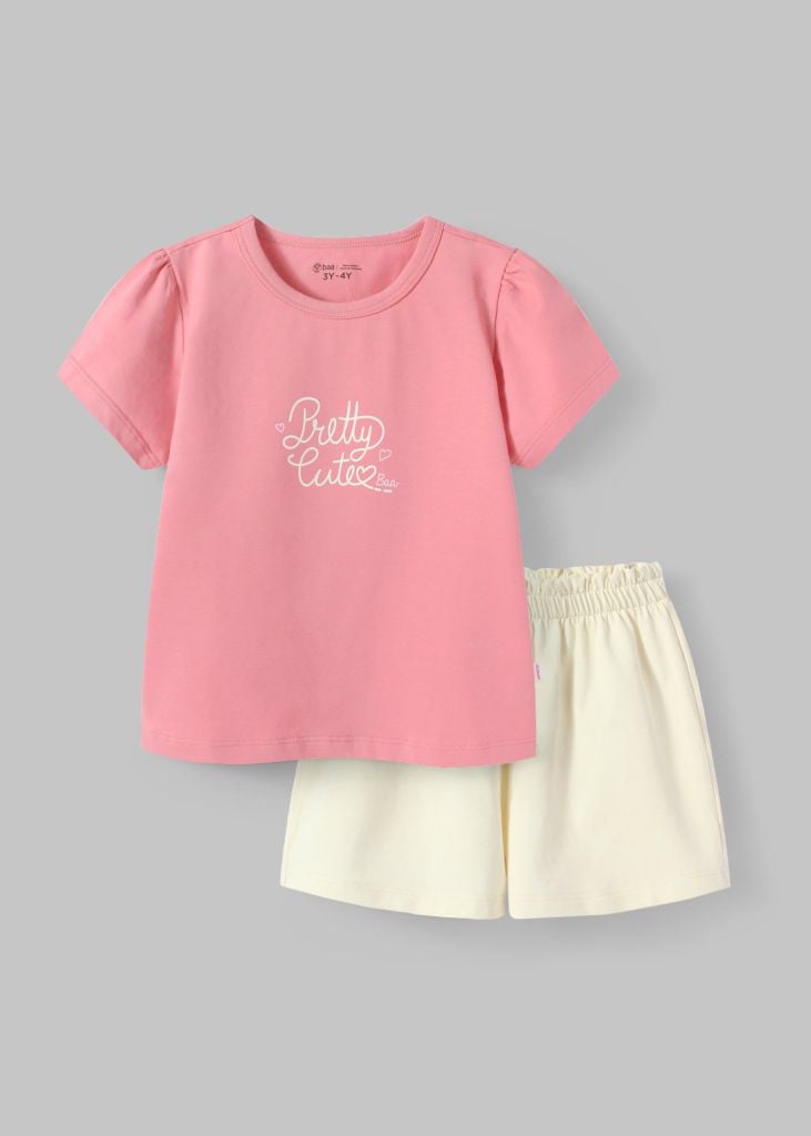 Bộ Thun Ngắn Tay Bé Gái Hồng Pretty Cute Phối Kem