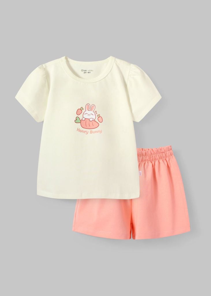 Bộ Thun Ngắn Tay Bé Gái Kem Honey Bunny Phối Hồng Cam