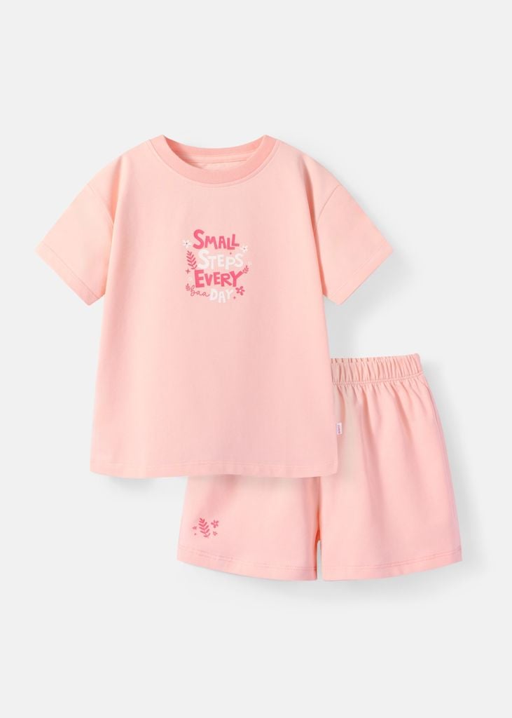 Bộ Thun Ngắn Tay Form Rộng Bé Gái Hồng Cam Small Steps Every Day